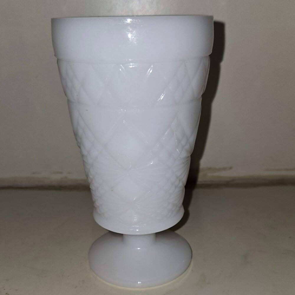 Vintage White Milk Glass Diamond Design Pedestal Drinking Glass footed